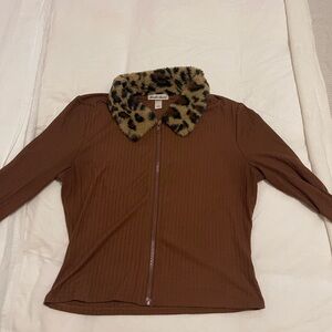 Brown Jacket with Leopard Print Collar